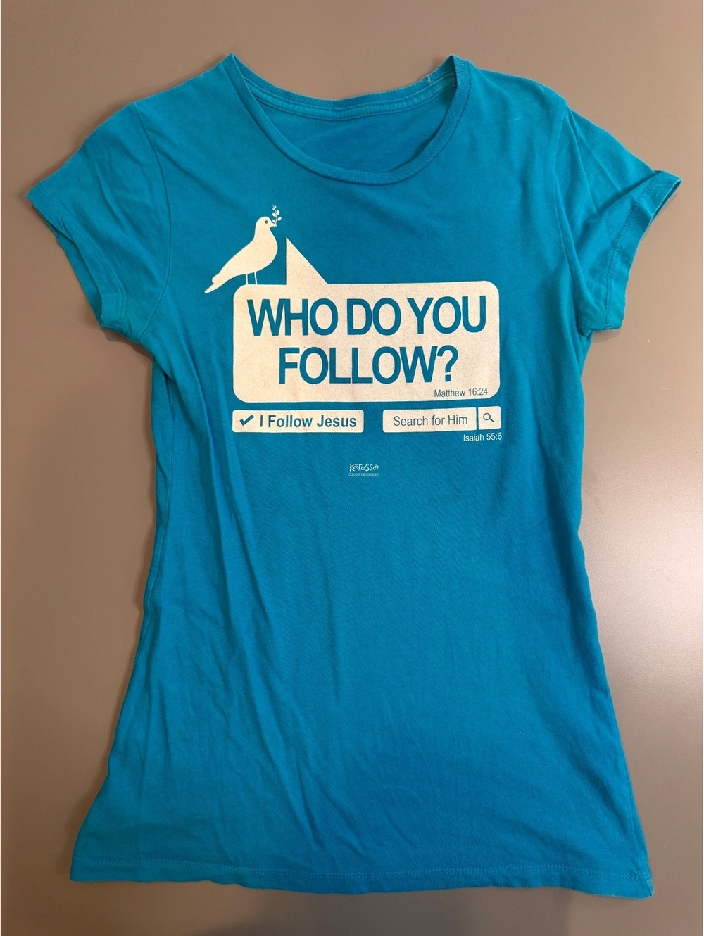 Blue 'Who Do You Follow?' Christian Graphic T-Shirt, Women's Small